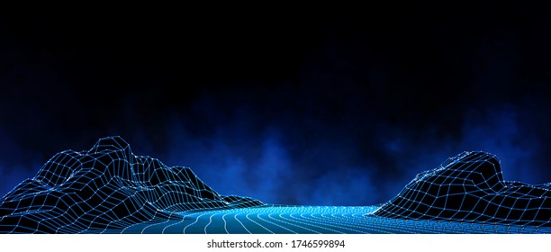 Abstract digital landscape with particles dots and stars on horizon. Wireframe landscape background. Big Data. 3d futuristic vector illustration. 80s Retro Sci-Fi Background