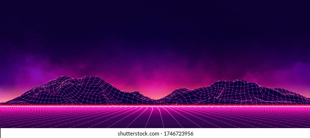 Abstract digital landscape with particles dots and stars on horizon. Wireframe landscape background. Big Data. 3d futuristic vector illustration. 80s Retro Sci-Fi Background