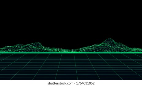 Abstract digital landscape with particles dots and stars on horizon. Wireframe landscape background. Big Data. 3d futuristic vector illustration. 80s Retro Sci-Fi Background