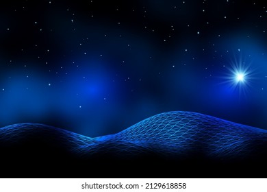 Abstract digital landscape with particles dots and stars on horizon. Wireframe landscape background. Big Data. 3d futuristic vector illustration. 80s Retro Sci-Fi Background