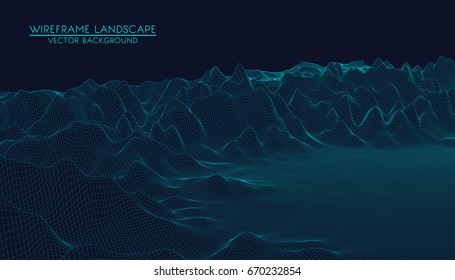 Abstract digital landscape with particles dots and stars on horizon. Wireframe landscape background. Big Data. 3d futuristic vector illustration