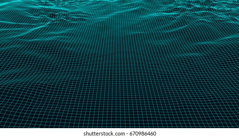 Abstract digital landscape with particles dots and stars on horizon. Wireframe landscape background. Big Data. 3d futuristic vector illustration