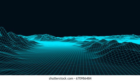 Abstract digital landscape with particles dots and stars on horizon. Wireframe landscape background. Big Data. 3d futuristic vector illustration