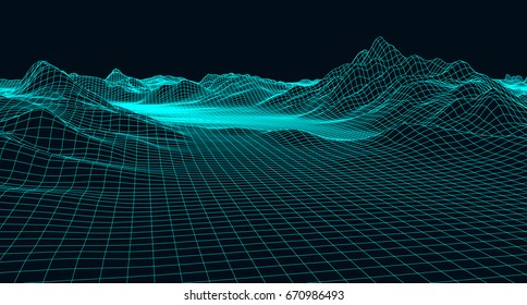 Abstract digital landscape with particles dots and stars on horizon. Wireframe landscape background. Big Data. 3d futuristic vector illustration