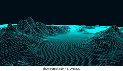 Abstract digital landscape with particles dots and stars on horizon. Wireframe landscape background. Big Data. 3d futuristic vector illustration