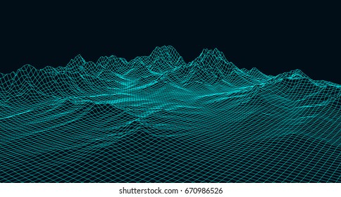 Panorama digital abstracto con puntos de partículas y estrellas en el horizonte.  Fondo horizontal del marco alambrado. Grandes datos. Ilustración vectorial futurista 3d