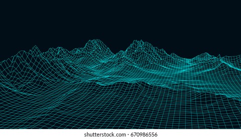 Abstract digital landscape with particles dots and stars on horizon. Wireframe landscape background. Big Data. 3d futuristic vector illustration