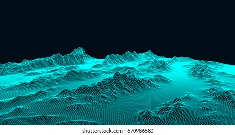 Abstract digital landscape with particles dots and stars on horizon. Wireframe landscape background. Big Data. 3d futuristic vector illustration