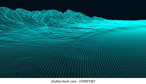 Abstract digital landscape with particles dots and stars on horizon. Wireframe landscape background. Big Data. 3d futuristic vector illustration