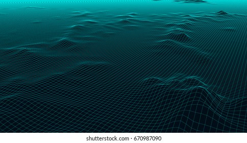 Abstract digital landscape with particles dots and stars on horizon. Wireframe landscape background. Big Data. 3d futuristic vector illustration