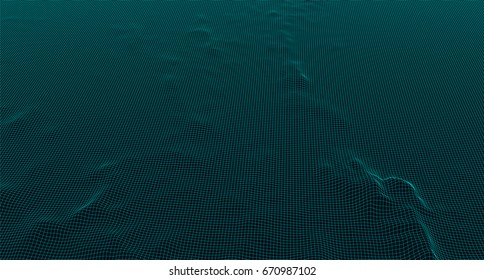 Abstract digital landscape with particles dots and stars on horizon. Wireframe landscape background. Big Data. 3d futuristic vector illustration