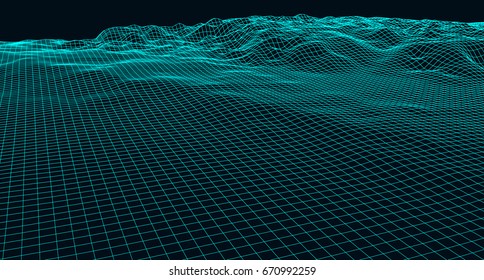 Abstract digital landscape with particles dots and stars on horizon. Wire frame landscape background. Big Data. 3d futuristic vector illustration