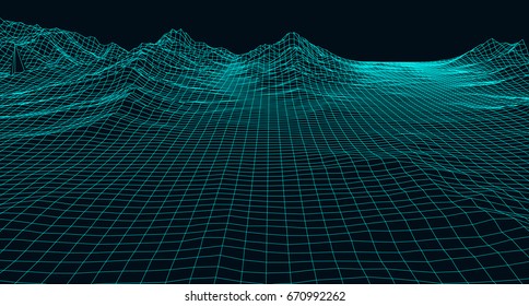 Abstract digital landscape with particles dots and stars on horizon. Wire frame landscape background. Big Data. 3d futuristic vector illustration. Retro background