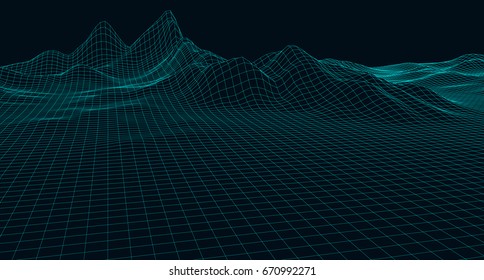 Abstract digital landscape with particles dots and stars on horizon. Wire frame landscape background. Big Data. 3d futuristic vector illustration