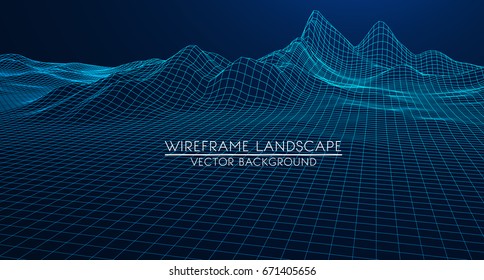 Abstract digital landscape with particles dots and stars on horizon. Wire frame landscape background. Big Data. 3d futuristic vector illustration