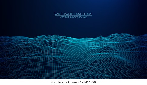 Abstract digital landscape with particles dots and stars on horizon. Wireframe landscape background. Big Data. 3d futuristic vector illustration