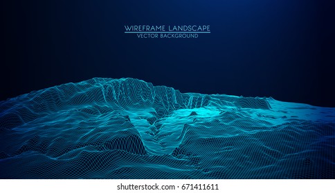 Abstract digital landscape with particles dots and stars on horizon. Wireframe landscape background. Big Data. 3d futuristic vector illustration