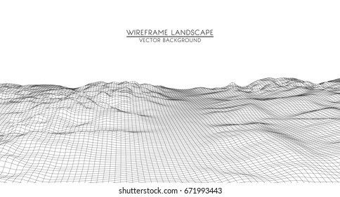 Abstract digital landscape with particles dots and stars on horizon. Wire frame landscape background. Big Data. 3d futuristic vector illustration