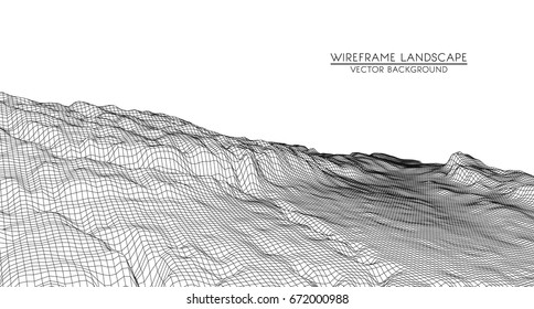 Abstract digital landscape with particles dots and stars on horizon. Wire frame landscape background. Big Data. 3d futuristic vector illustration