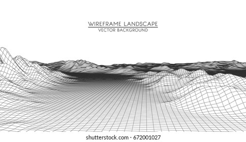 Abstract digital landscape with particles dots and stars on horizon. Wire frame landscape background. Big Data. 3d futuristic vector illustration