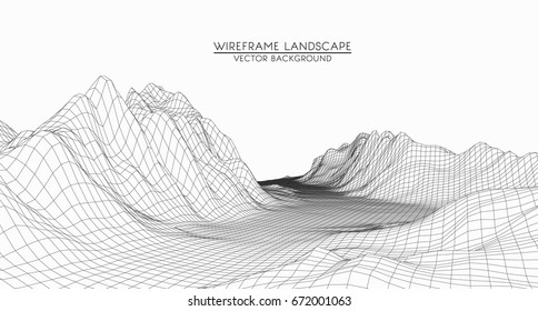 Abstract digital landscape with particles dots and stars on horizon. Wire frame landscape background. Big Data. 3d futuristic vector illustration