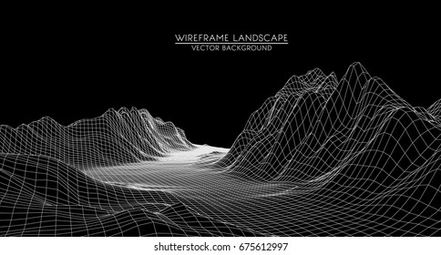 Abstract digital landscape with particles dots and stars on horizon. Wire frame landscape background. Big Data. 3d futuristic vector illustration