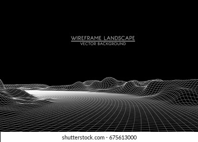Abstract digital landscape with particles dots and stars on horizon. Wire frame landscape background. Big Data. 3d futuristic vector illustration.