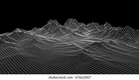 Abstract digital landscape with particles dots and stars on horizon. Wire frame landscape background. Big Data. 3d futuristic vector illustration