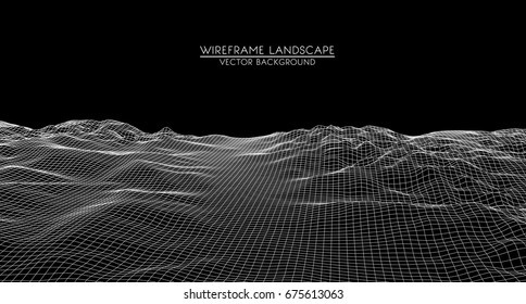 Abstract digital landscape with particles dots and stars on horizon. Wire frame landscape background. Big Data. 3d futuristic vector illustration