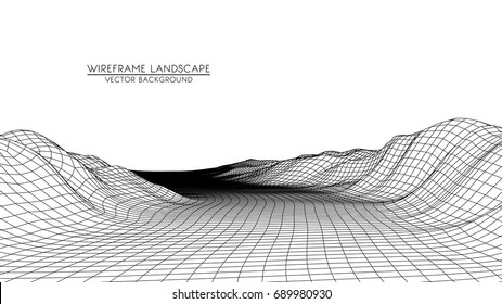 Abstract digital landscape with particles dots and stars on horizon. Wireframe landscape background. Big Data. 3d futuristic vector illustration. 80s Retro Sci-Fi Background