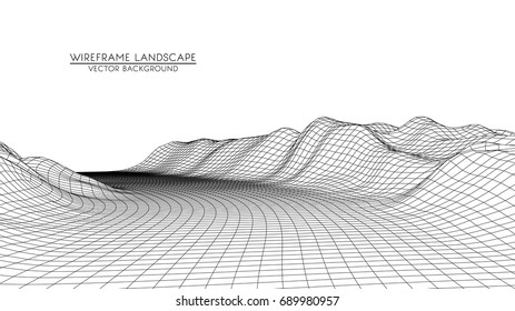 Abstract digital landscape with particles dots and stars on horizon. Wireframe landscape background. Big Data. 3d futuristic vector illustration. 80s Retro Sci-Fi Background