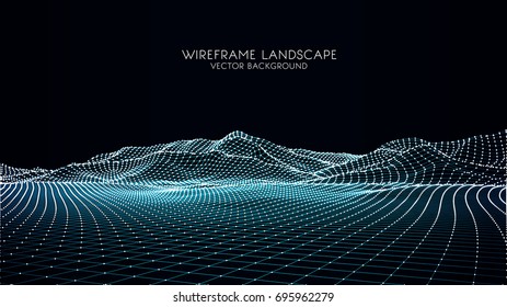 Abstract digital landscape with particles dots and stars on horizon. Wireframe landscape background. Big Data. 3d futuristic vector illustration. 80s Retro Sci-Fi Background