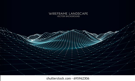 Abstract digital landscape with particles dots and stars on horizon. Wireframe landscape background. Big Data. 3d futuristic vector illustration. 80s Retro Sci-Fi Background