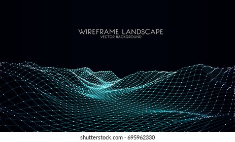 Abstract digital landscape with particles dots and stars on horizon. Wireframe landscape background. Big Data. 3d futuristic vector illustration. 80s Retro Sci-Fi Background