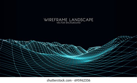 Abstract digital landscape with particles dots and stars on horizon. Wireframe landscape background. Big Data. 3d futuristic vector illustration. 80s Retro Sci-Fi Background