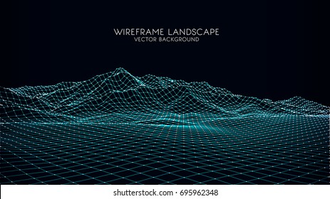 Abstract digital landscape with particles dots and stars on horizon. Wireframe landscape background. Big Data. 3d futuristic vector illustration. 80s Retro Sci-Fi Background