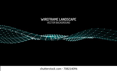 Panorama digital abstracto con puntos de partículas y estrellas en el horizonte. Fondo horizontal del marco alambrado. Grandes datos. Ilustración vectorial futurista 3d. Fondo Retro de Ciencia Ficción de los años 80. "ontour"