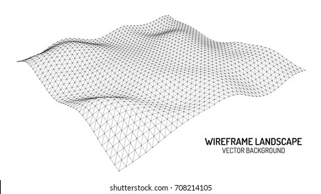 Abstract digital landscape with particles dots and stars on horizon. Wireframe landscape background. Big Data. 3d futuristic vector illustration. 80s Retro Sci-Fi Background. ?ontour