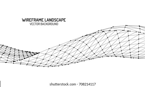 Abstract Digital Landscape With Particles Dots And Stars On Horizon. Wireframe Landscape Background. Big Data. 3d Futuristic Vector Illustration. 80s Retro Sci-Fi Background. ?ontour