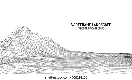 Abstract digital landscape with particles dots and stars on horizon. Wireframe landscape background. Big Data. 3d futuristic vector illustration. 80s Retro Sci-Fi Background. ?ontour