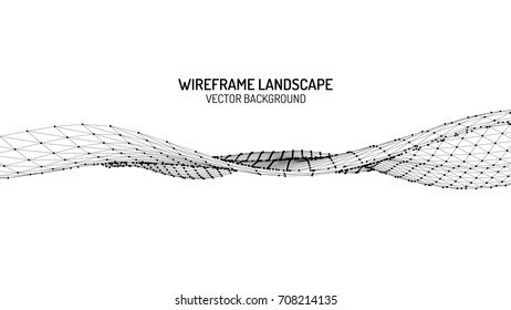 Abstract digital landscape with particles dots and stars on horizon. Wireframe landscape background. Big Data. 3d futuristic vector illustration. 80s Retro Sci-Fi Background. ?ontour