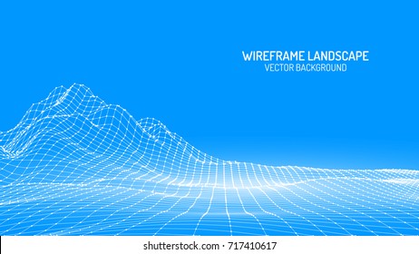 Abstract digital landscape with particles dots and stars on horizon. Wireframe landscape background. Big Data. 3d futuristic vector illustration. 80s Retro Sci-Fi Background