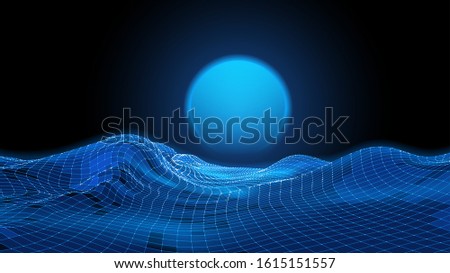Abstract digital landscape with particles dots and stars on horizon. Wireframe landscape background. Big Data. 3d futuristic vector illustration. 80s Retro Sci-Fi Background