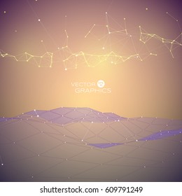 Abstract digital landscape with particles, polygons and plexus effect. Vector illustration.