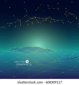 Abstract digital landscape with particles. Vector illustration.