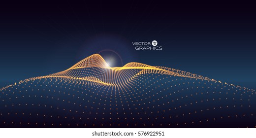 Abstract Digital Landscape With Rising Sun On Horizon. Technology Vector Illustration Background.