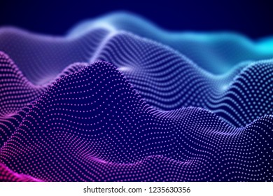 Abstract digital landscape or soundwaves with flowing particles. Big data technology background. Visualization of sound waves. Virtual reality concept: 3D digital surface. EPS 10 vector illustration.