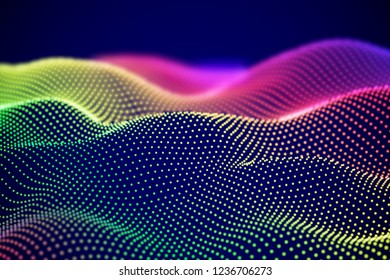 Abstract digital landscape or soundwaves with flowing particles. Big data technology background. Visualization of sound waves. Virtual reality concept: 3D digital surface. EPS 10 vector illustration.