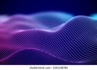 Abstract digital landscape or soundwaves with flowing particles. Big data technology background. Visualization of sound waves. Virtual reality concept: 3D digital surface. EPS 10 vector illustration.