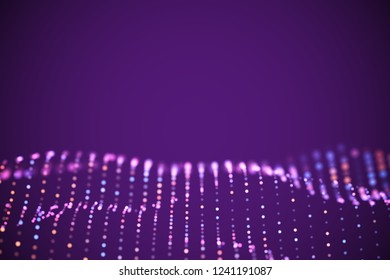 Abstract digital landscape or soundwaves with flowing particles. Big data technology background. Visualization of sound waves. Virtual reality concept: 3D digital surface. EPS 10 vector illustration.